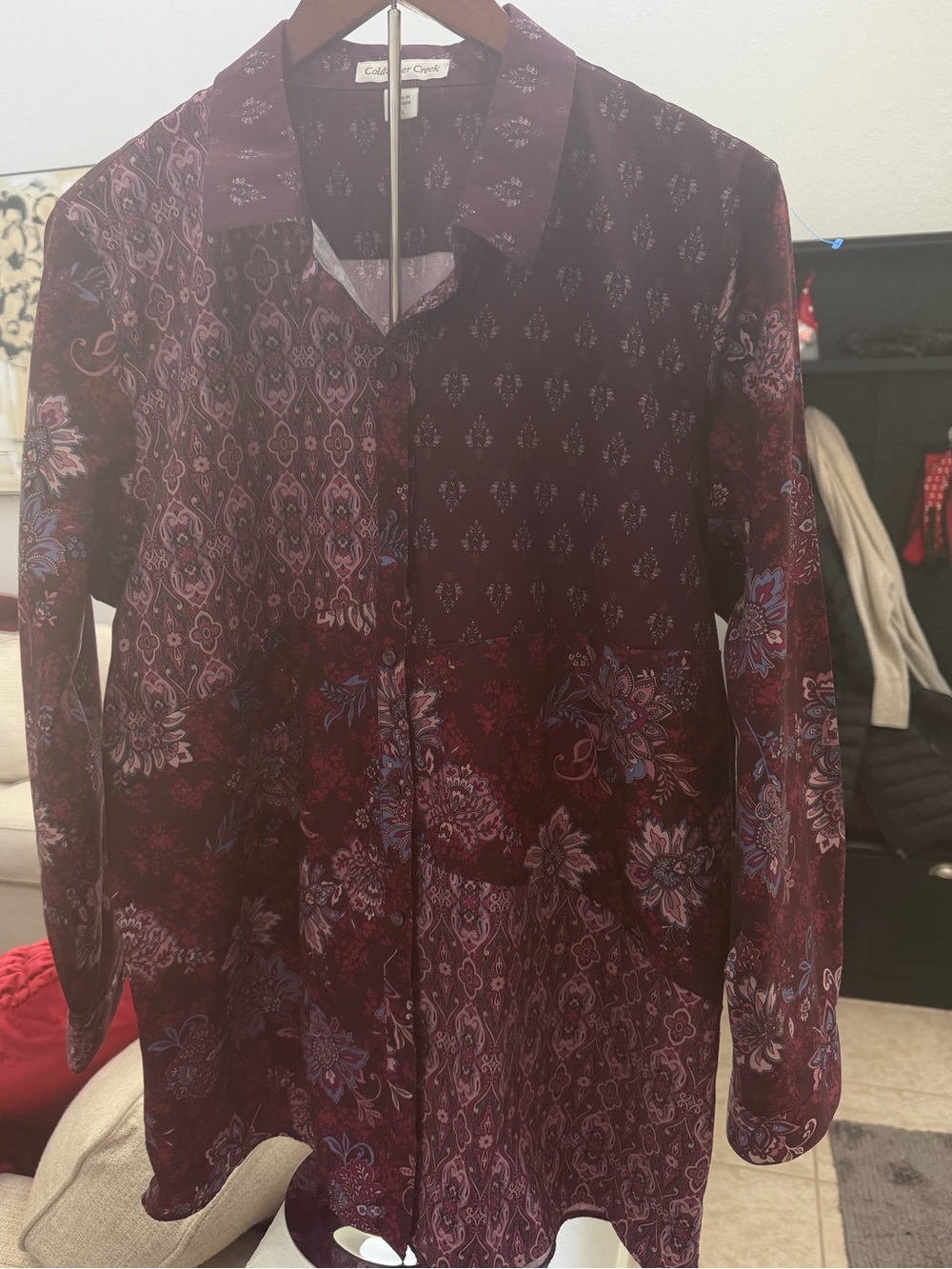 Coldwater Creek Patchwork Button Up Shirt XL Cotton Purple Floral Paisley EUC
